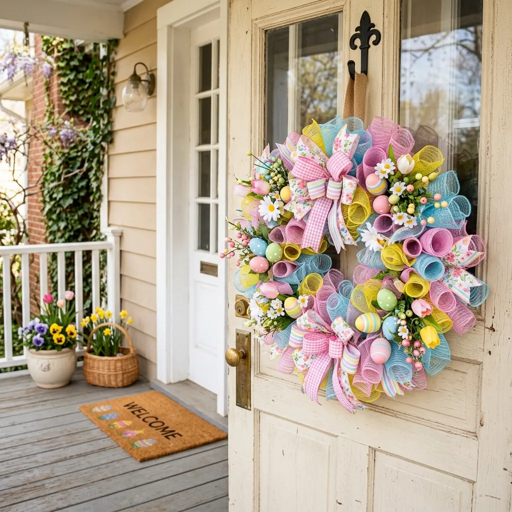 Pastel mesh ribbon Easter wreath on a porch